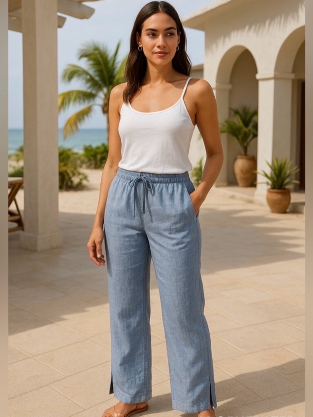 Athleta Light Blue Drawstring Wide-Leg Linen-Blend Pants
